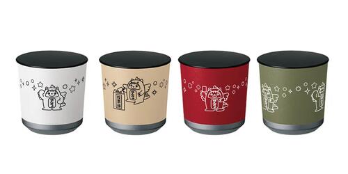 めいすいサウルスが描かれたホワイト・ベージュ・レッド・カーキの4色のタンブラーが並んでいる