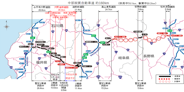 中部縦貫自動車道の全体路線図