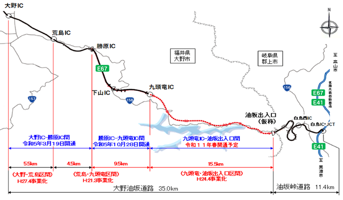 中部縦貫自動車道の大野市内路線図と整備状況