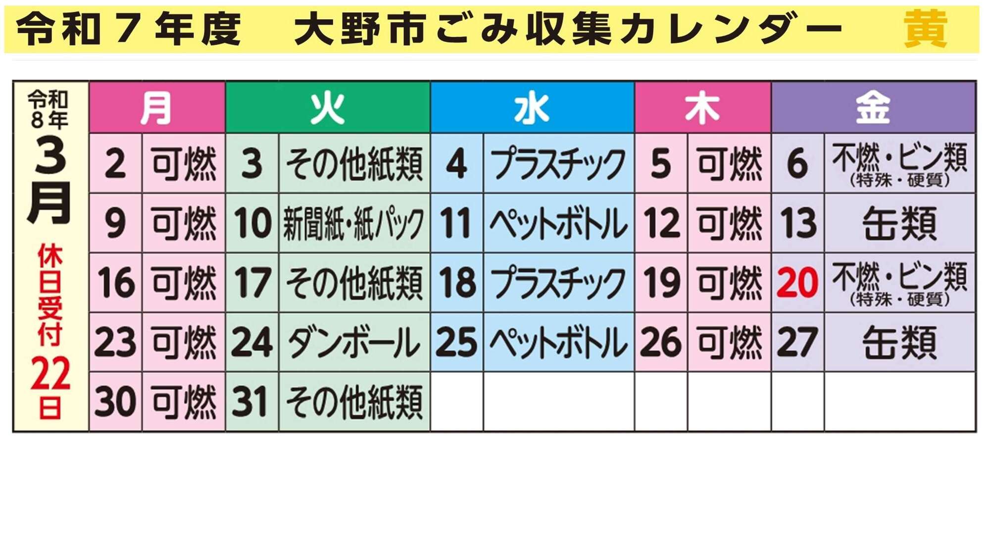 ごみ収集カレンダー3月黄色